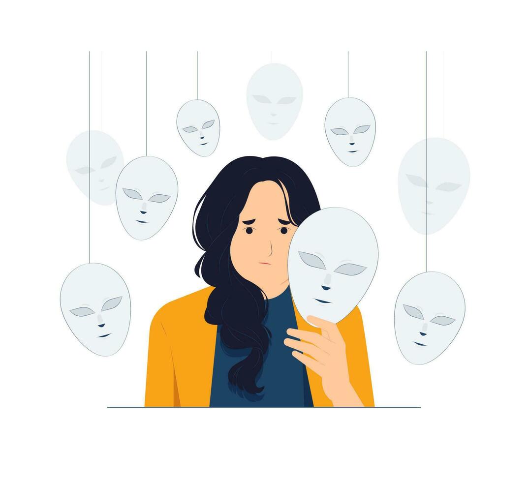Schizophrenia, post-traumatic stress mental disorder, Hypocrisy, Theater of life. A girl surrounded by various masks looking intently at the camera concept illustration vector