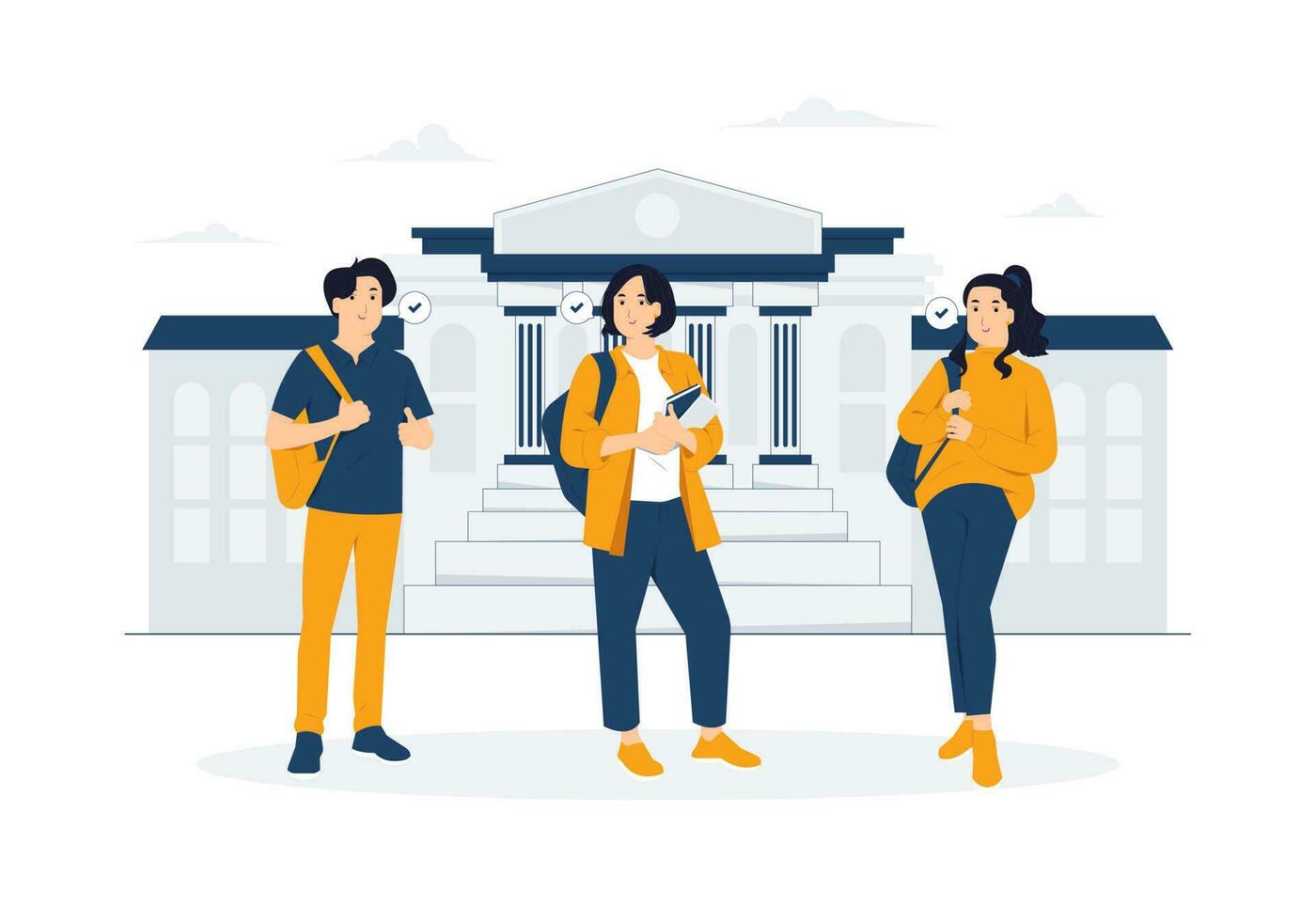 College students, university, school, education, Group of happy young students standing together with books and bags concept illustration vector