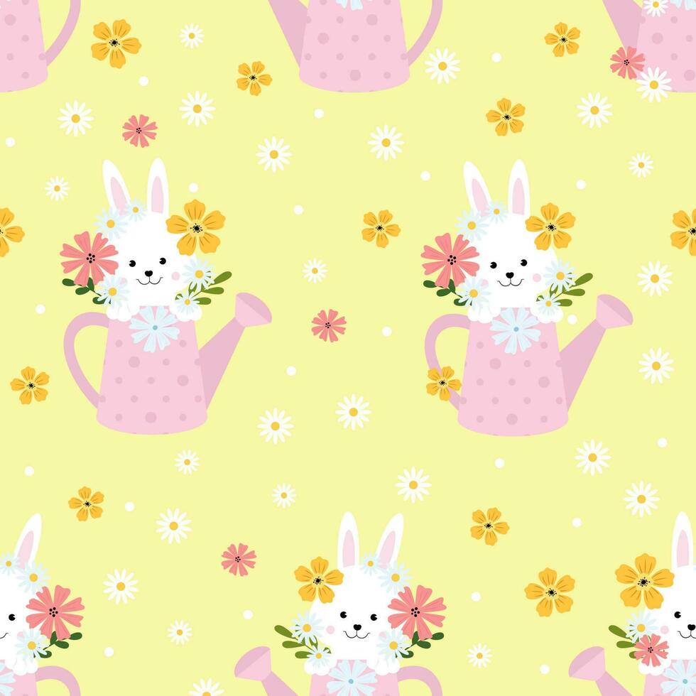 Cute white rabbit in a garden watering can with flowers. Easter print vector