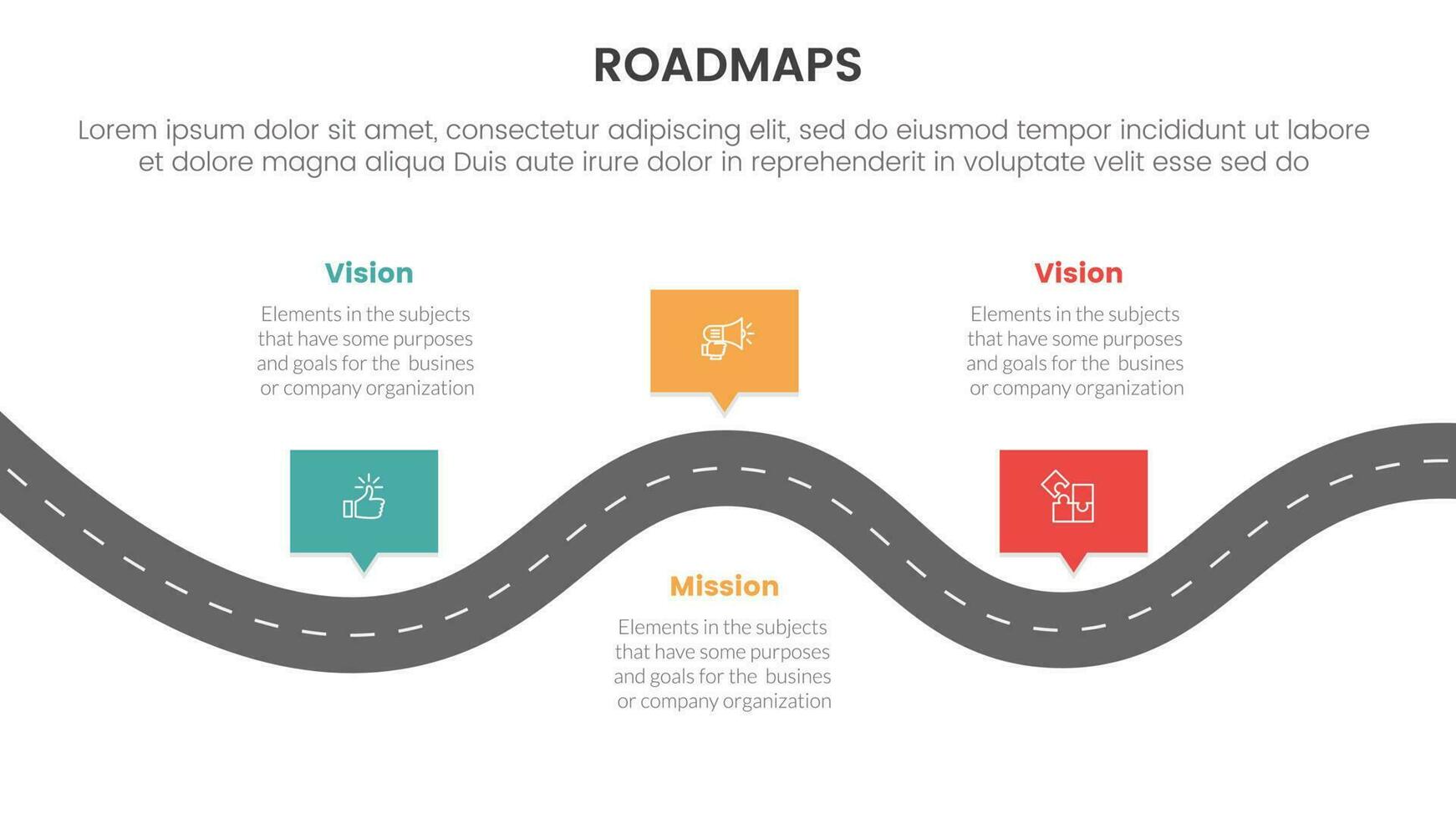 business roadmaps process framework infographic 3 stages with wavy and bumpy road and light theme concept for slide presentation vector