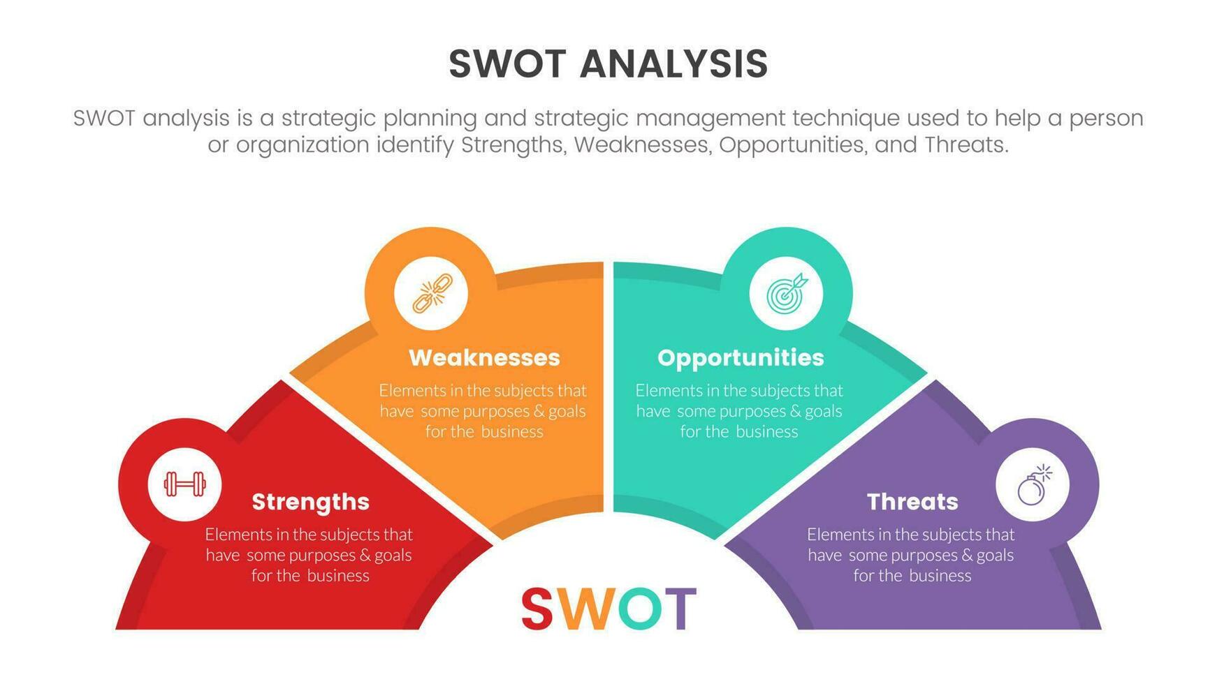 swot analysis concept with half circle shape and icon linked for infographic template banner with four point list information vector