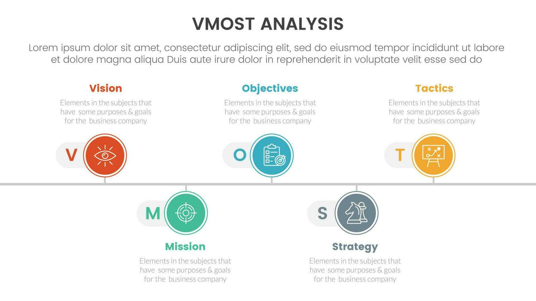 vmost analysis model framework infographic 5 point stage template with timeline point right direction information concept for slide presentation vector