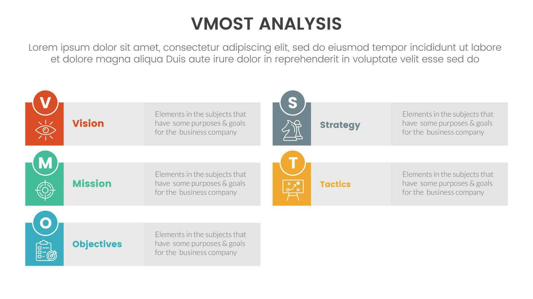 vmost analysis model framework infographic 5 point stage template with long rectangle box grey background information concept for slide presentation vector