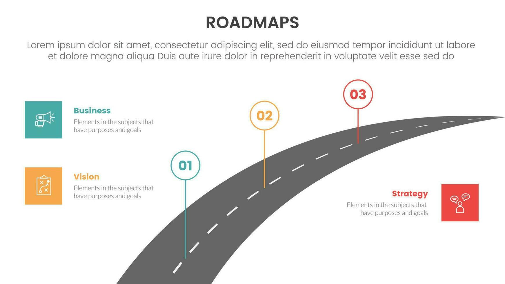 negocio hojas de ruta proceso marco de referencia infografía 3 etapas con largo autopista la carretera y ligero tema concepto para diapositiva presentación vector