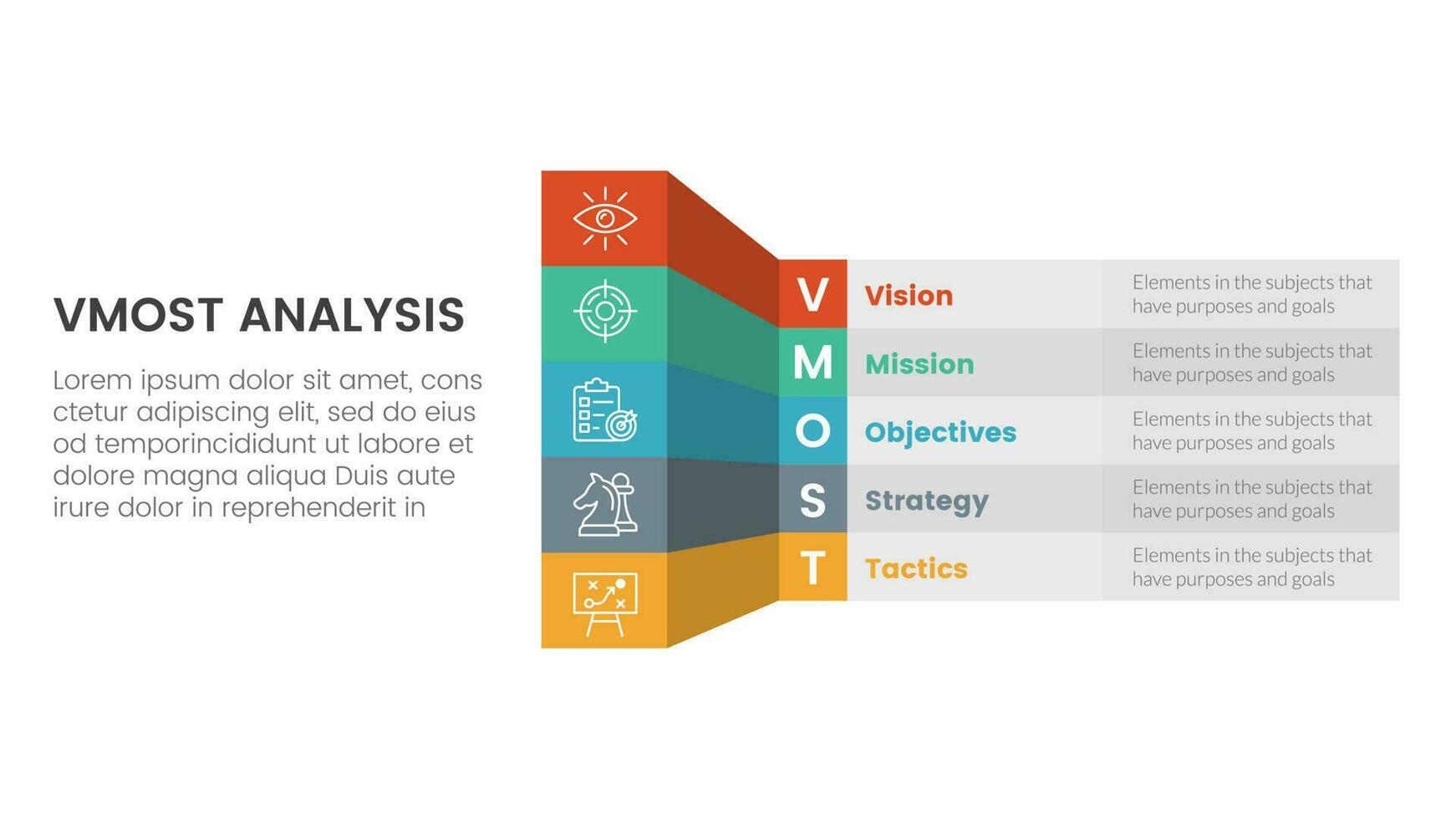 vmost analysis model framework infographic 5 point stage template with box table shadow 3d style information concept for slide presentation vector