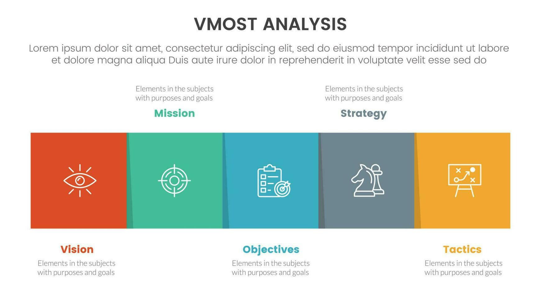 vmost analysis model framework infographic 5 point stage template with square box right direction information concept for slide presentation vector