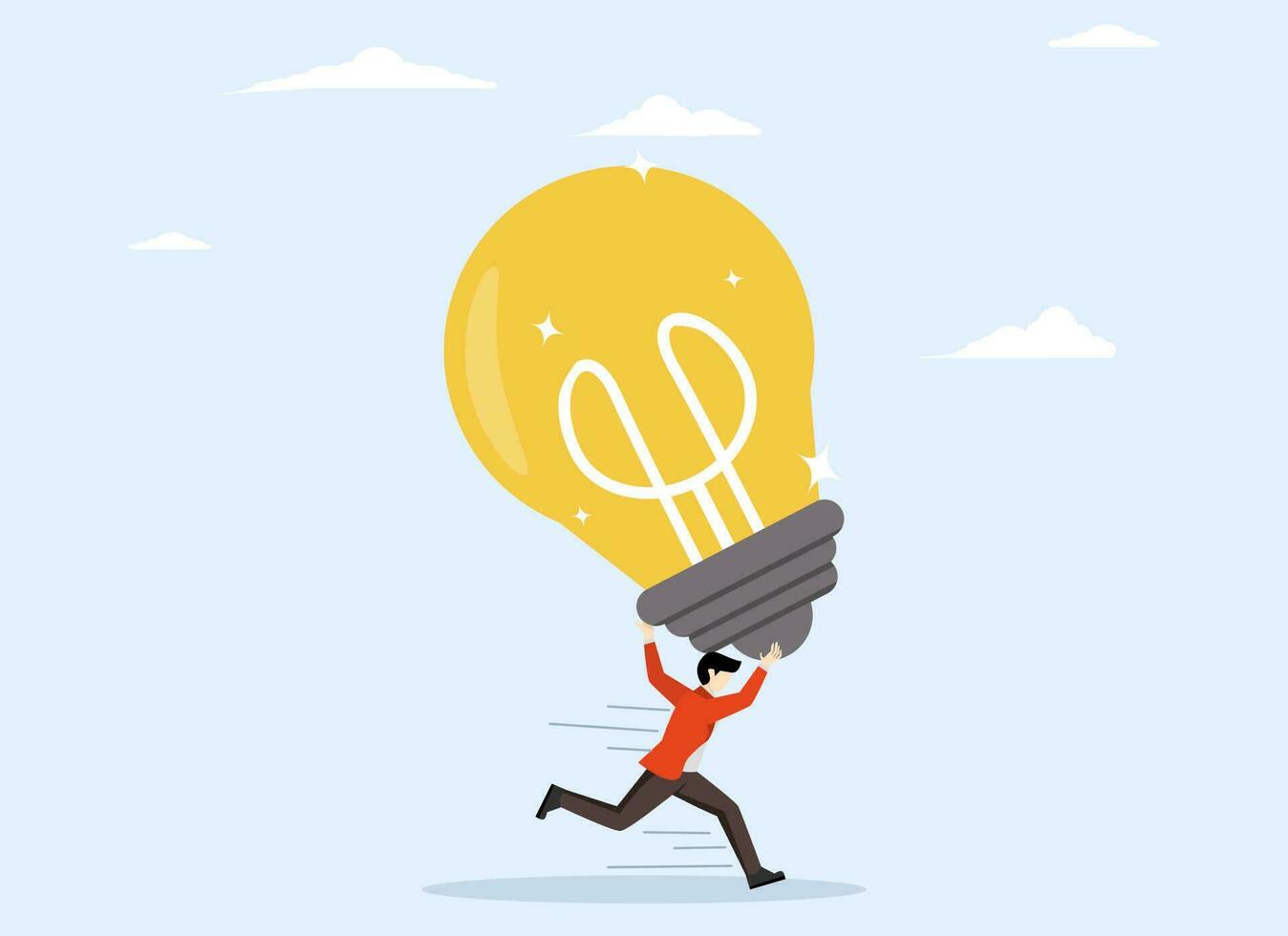 concept of finding a new idea, creativity and innovation to change or invent a new product, solution to solve a problem, excited entrepreneur carrying a big light bulb idea to find a new product. vector