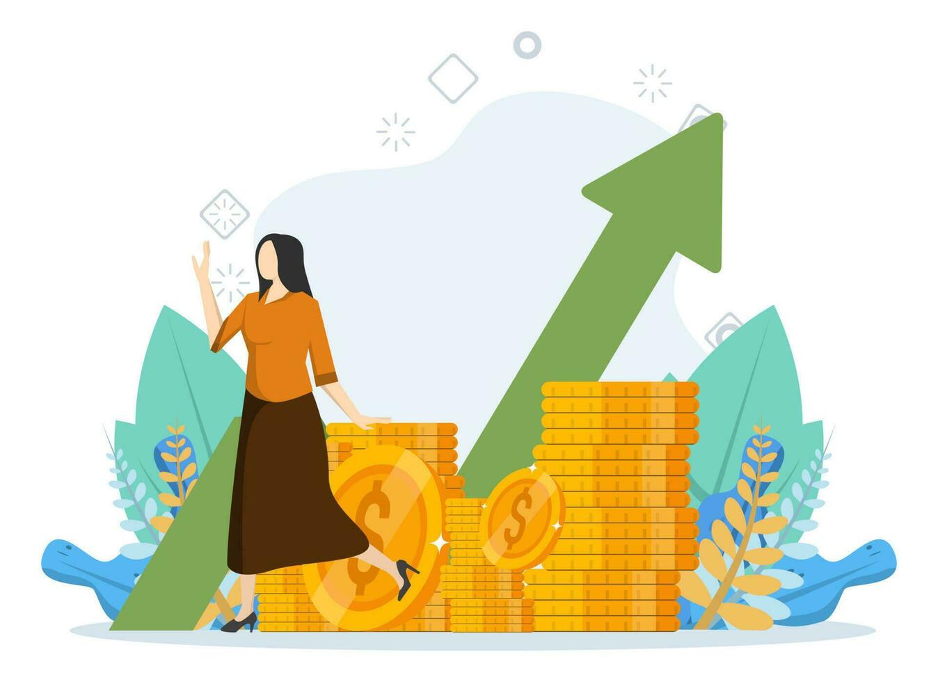 financial success or wealth, investment for big money, successful business woman standing near her pile of money. Stock market services. Financial advisor. Modern vector illustration