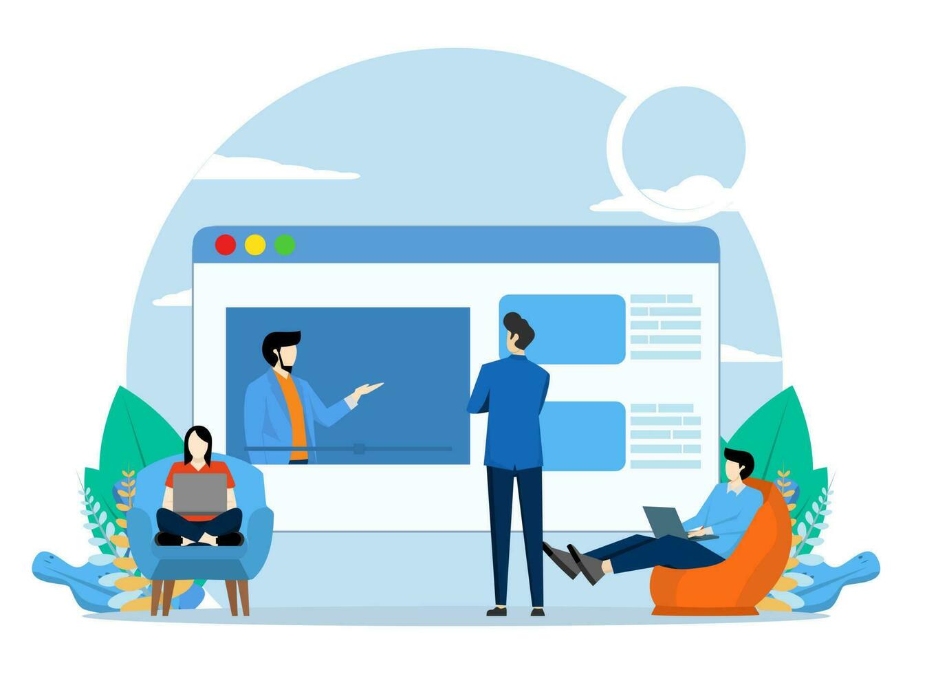 Video Conference Concept, Showing business group having remote virtual video conference meeting, Suitable for landing page, UI, web, app intro card, flyer and banner, Vector Illustration, flat.