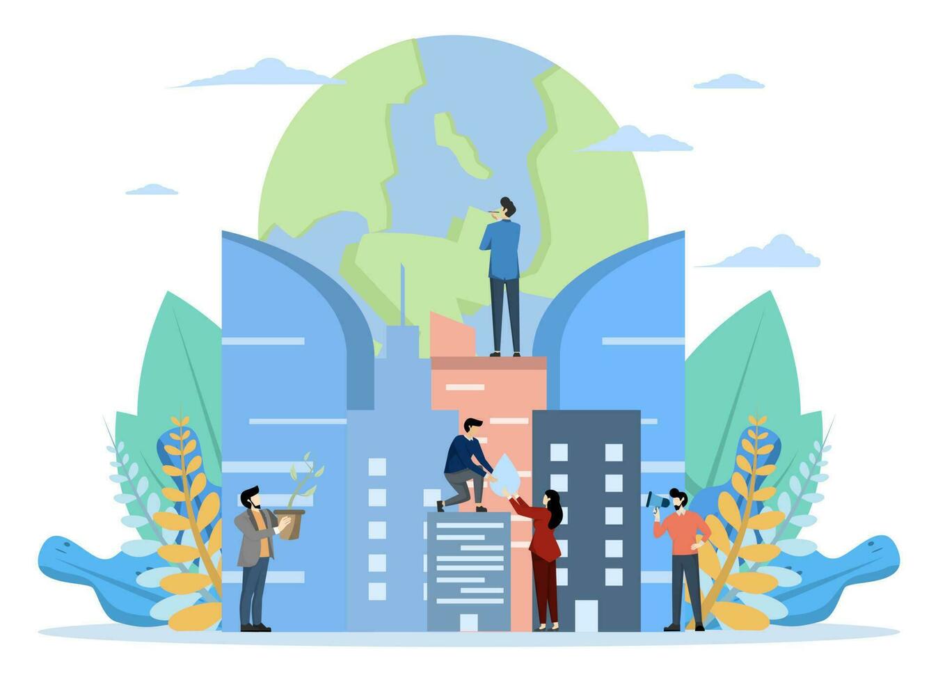 Little people are preparing for the holidays, save the planet, World Environment Day, happy earth day, Bio technology, a city, Vector flat illustration on a white background.