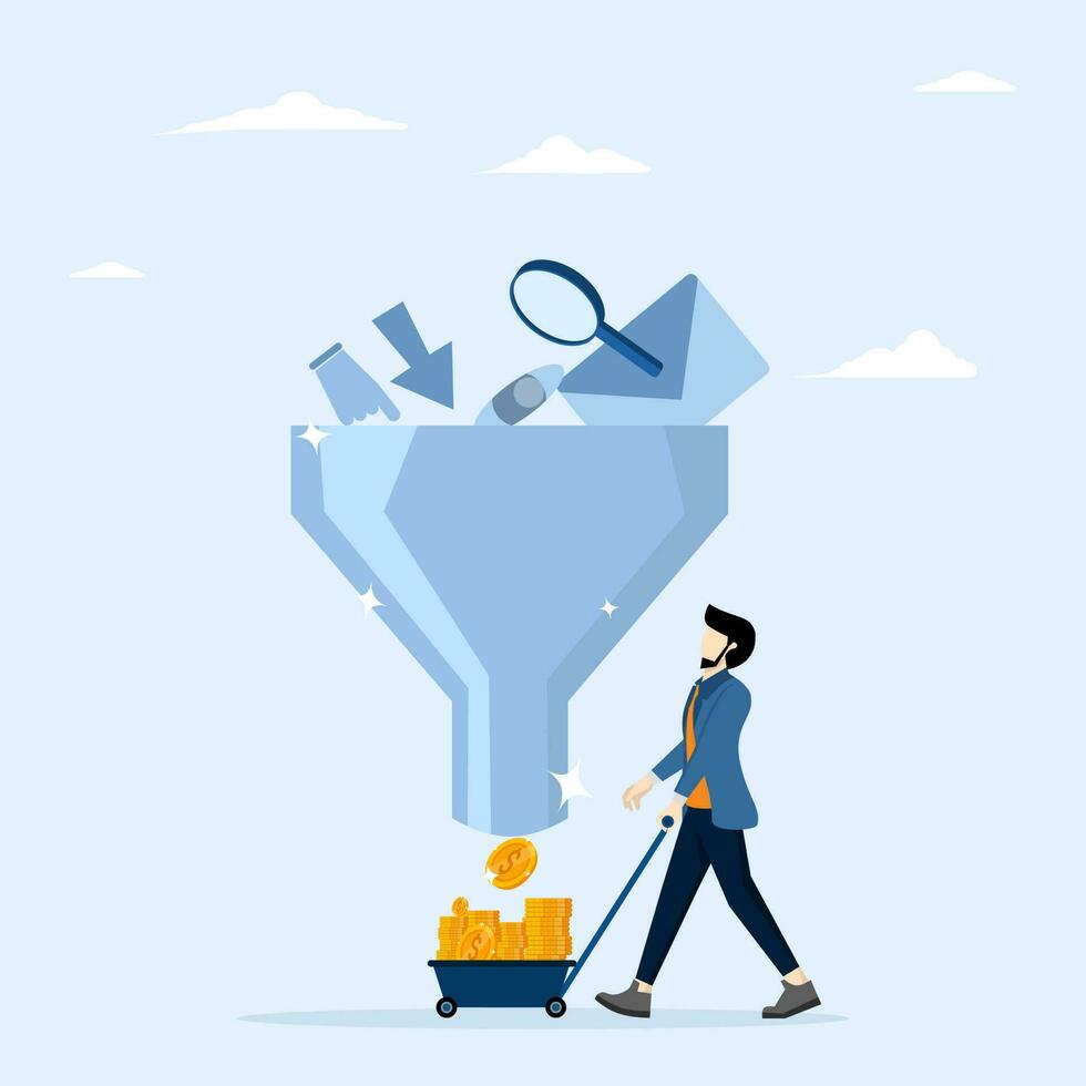 flow of customer awareness, click and buy product on e-commerce website, sales funnel or online marketing conversion rate, businessman holding shopping cart with money coins from sales funnel. vector