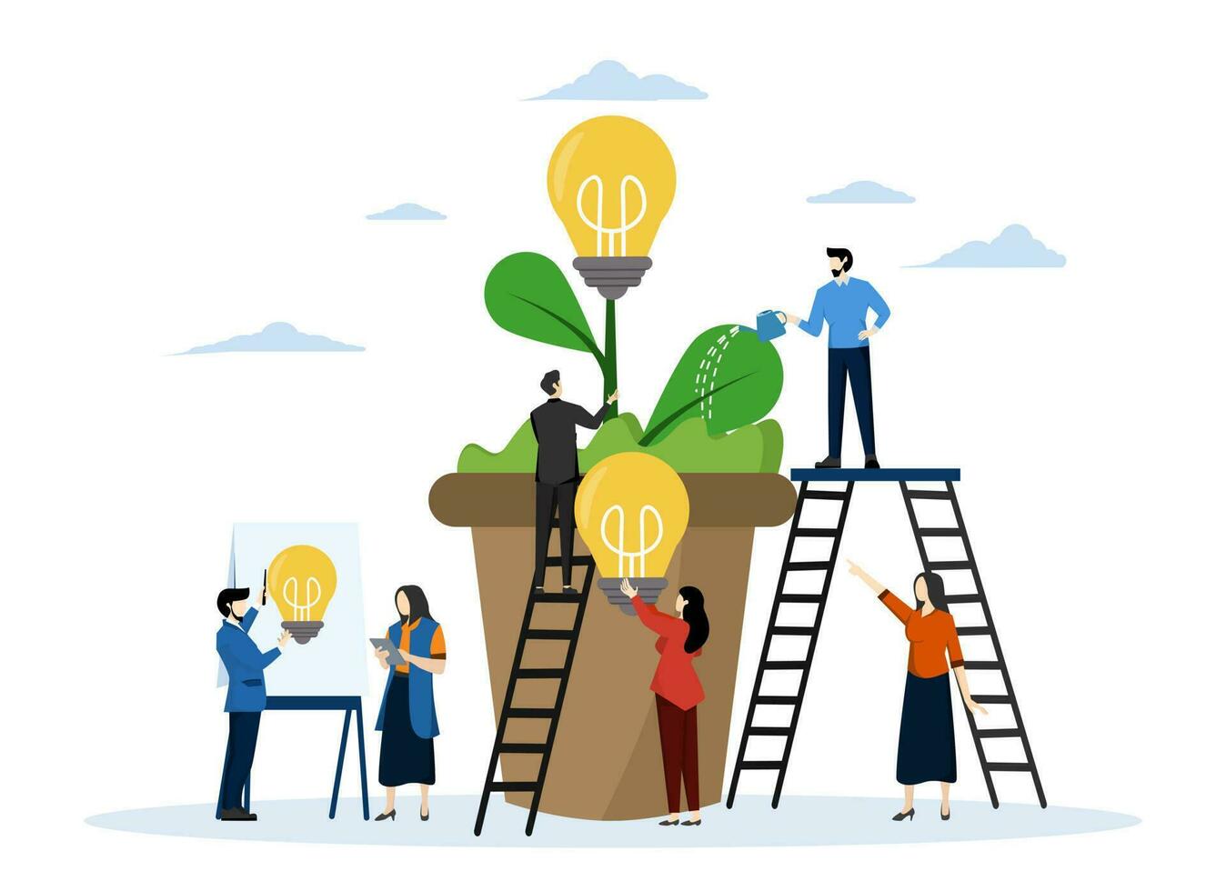 people planting potted plants, business team collaboration for the birth of creative ideas or solutions in business. business concept analysis. graphic design idea of project activity vector. vector