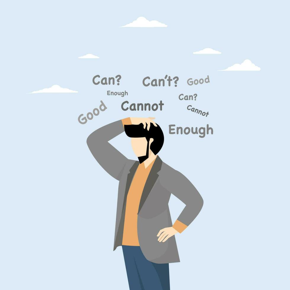 concept of self-doubt, confusion or lack of confidence to make bad decisions or thoughts, imposter syndrome or personal inadequacy, self-doubt of a businessman thinking whether he can or not. vector