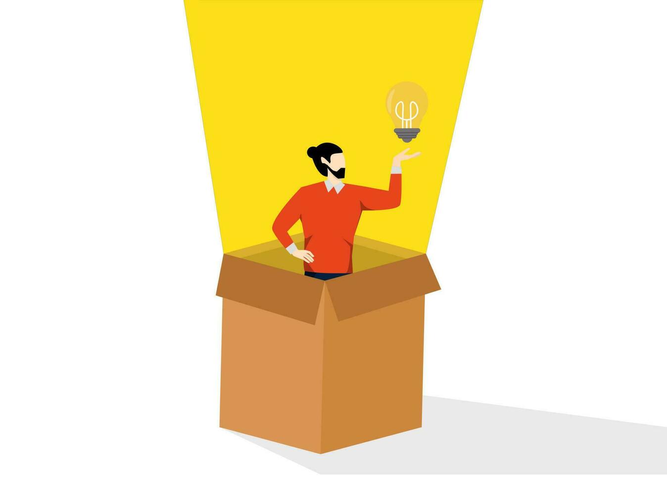 Thinking outside the box, concept of motivation and innovation, creativity to create different business ideas, smart businessman coming out of paper box with new glowing light bulb idea vector