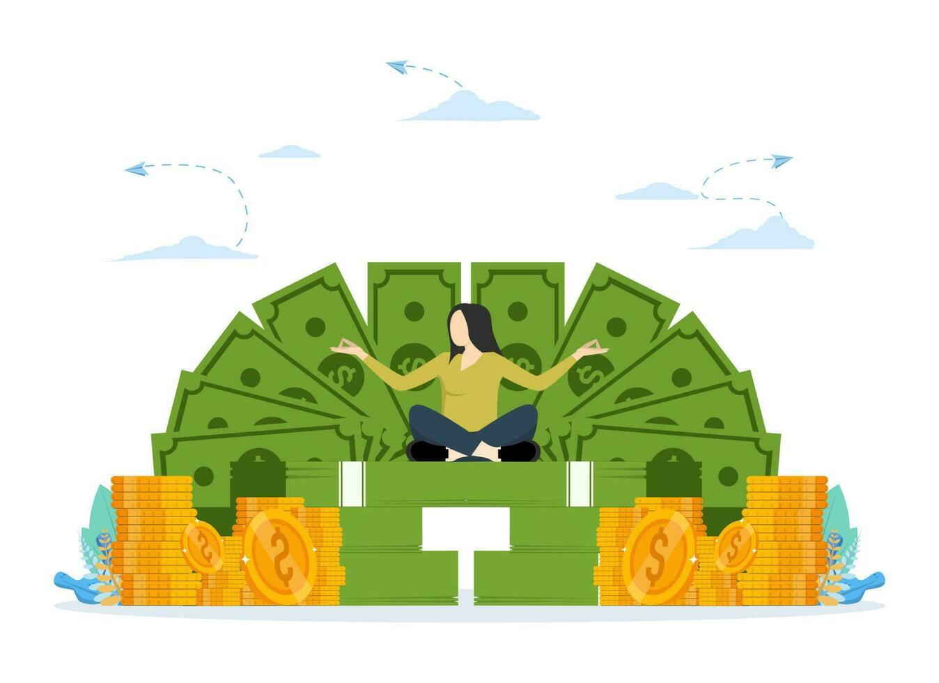 Financial well-being, making money or wealth accumulation, concept of income, salary or wages, money management, saving or investment, successful woman lotus meditating on pile of banknotes and coins. vector