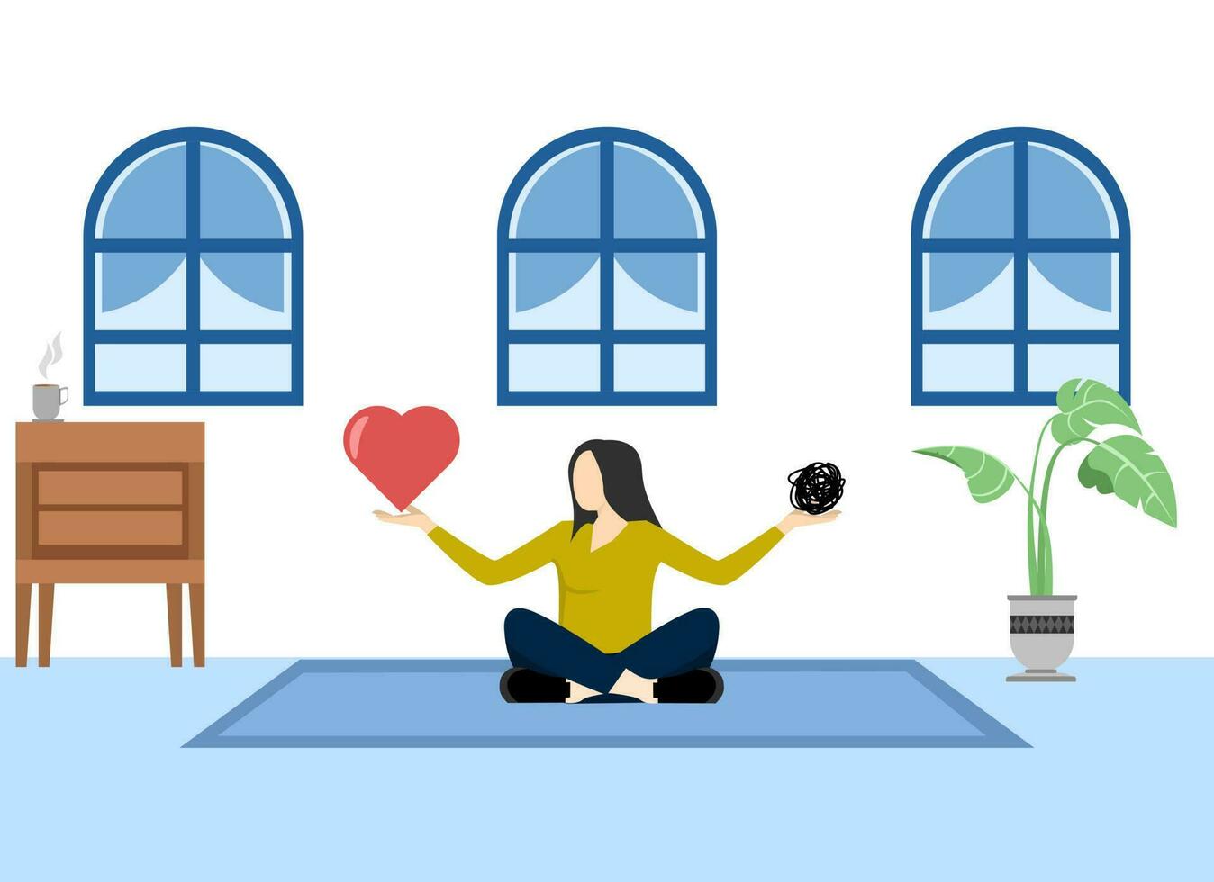 work life balance or meditation and relax, stress management balance between work concentration and mental health, woman meditating floating balancing messy mess and work passion heart shape. vector