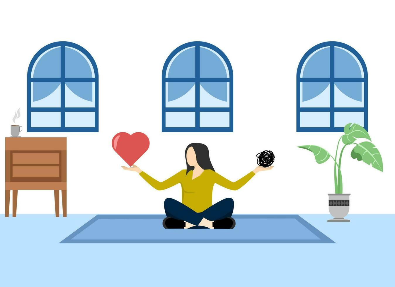 trabajo vida equilibrar o meditación y relajarse, estrés administración equilibrar Entre trabajo concentración y mental salud, mujer meditando flotante equilibrio sucio lío y trabajo pasión corazón forma. vector