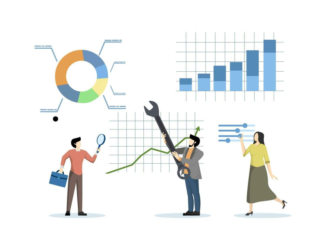 Data analysis and optimization for SEO, analyze business trends, marketing research users and customer behavior, business people use magnifying glass and optimize tools to analyze charts and graphs. vector