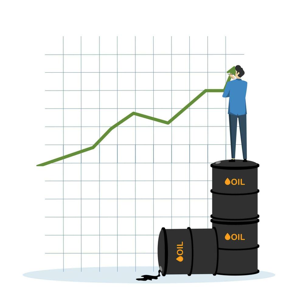 Oil price rising, high demand or energy or gasoline industry concept, crude oil commodity price growth after crisis, businessman trader standing on piles of gallons of oil drawing rising graph. vector