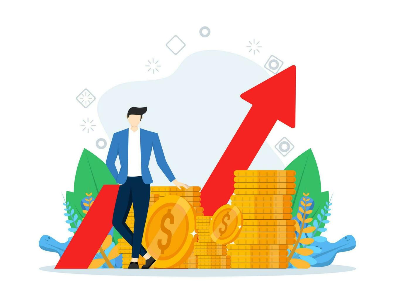 Successful investor or entrepreneur. Financial consultant training on a pile of coins smiling kindly and waving. Financial consulting, investment and savings. Modern vector illustration.