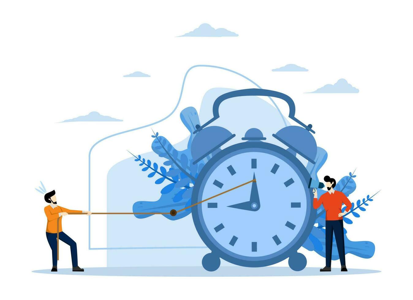 working time management concept, alarm clock goes off on a white background, quick response to awaken time back vector transfer, flat design modern illustration