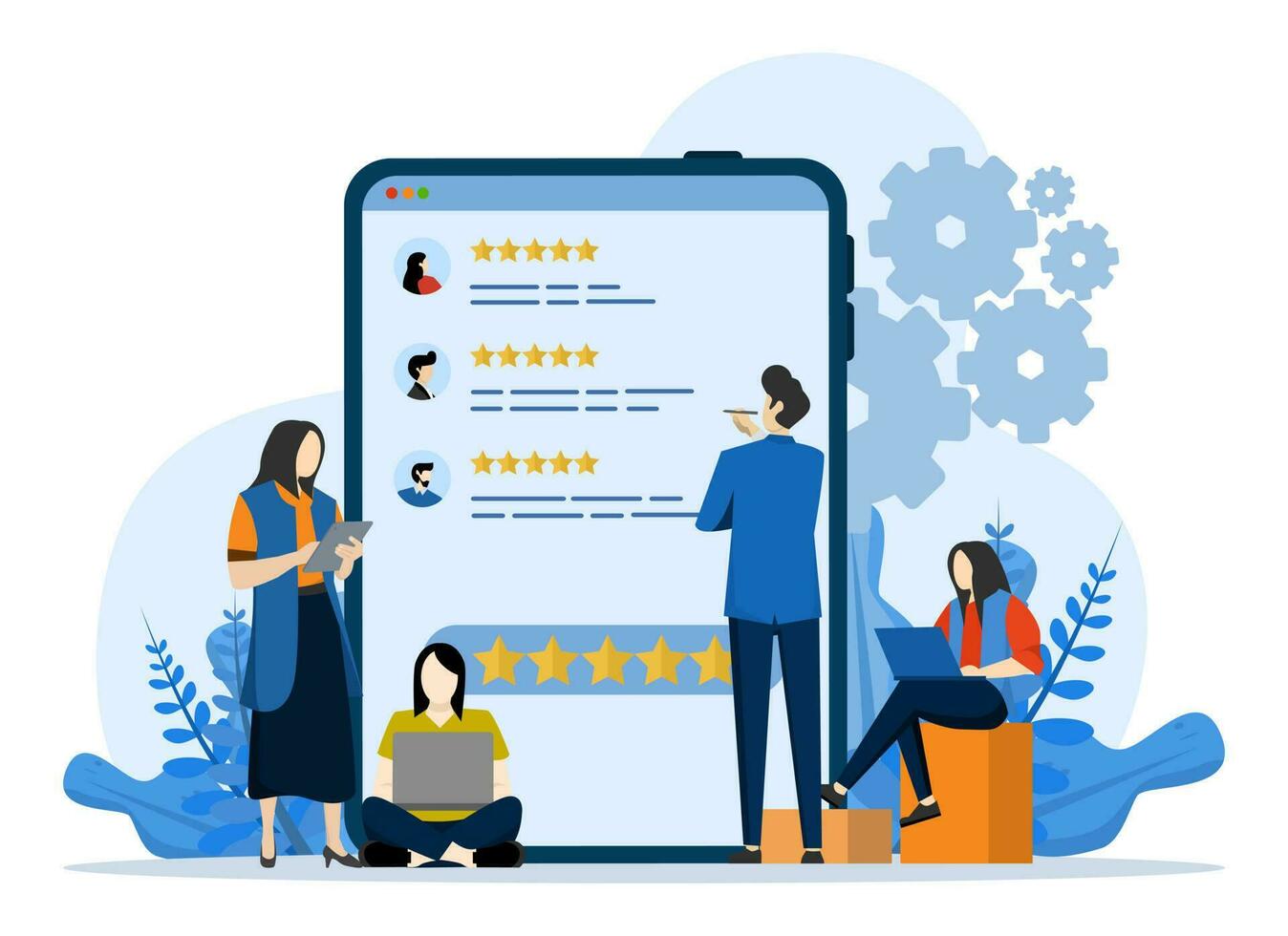 cliente revisión concepto, demostración diferente personas dando revisión clasificación, consumidor o cliente satisfacción comentario. para aterrizaje página, ui, web, aplicación introducción tarjeta, editorial y bandera, vector ilustración