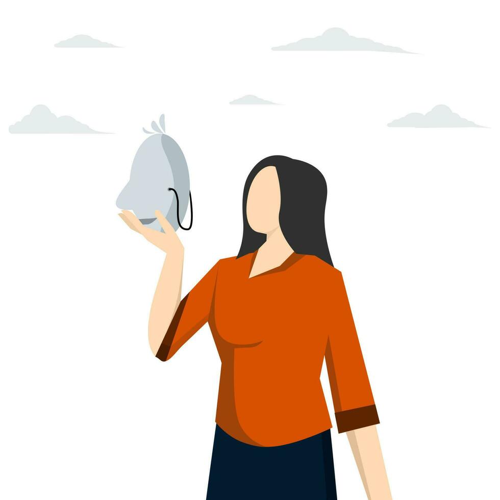 Impostor syndrome, crime or fraud, counterfeiting, hypocrisy, business dishonesty or wild concept, depressed anonymous woman holding smiling mask thinking about being or acting like someone else. vector