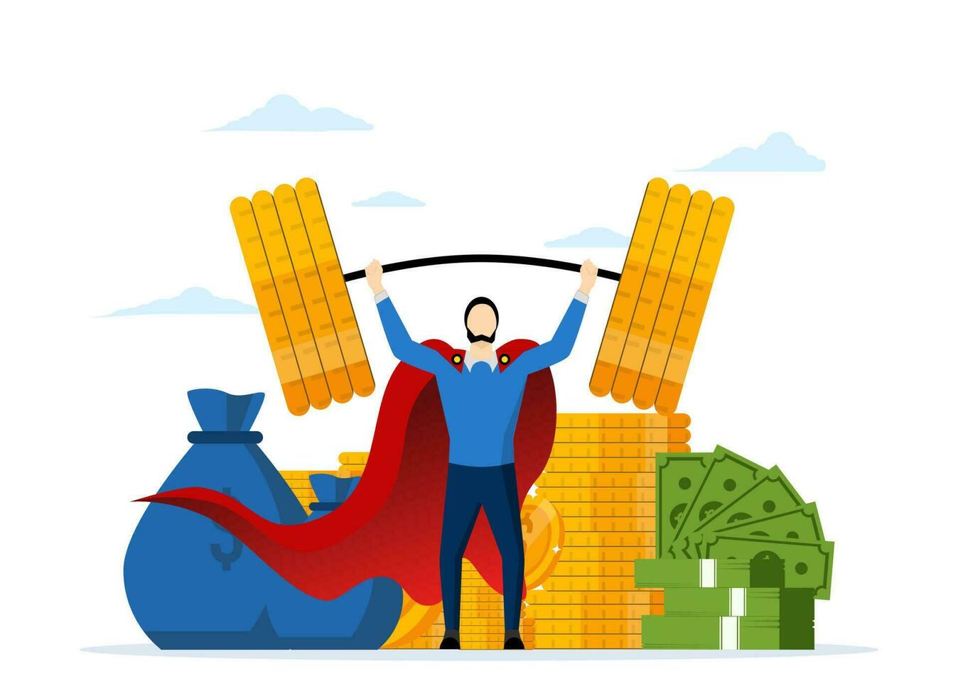 Investment professional or financial literacy, effort to earn more money or fundraising concept, investment expert or wealth manager, confident businessman superhero holding up big money coins. vector