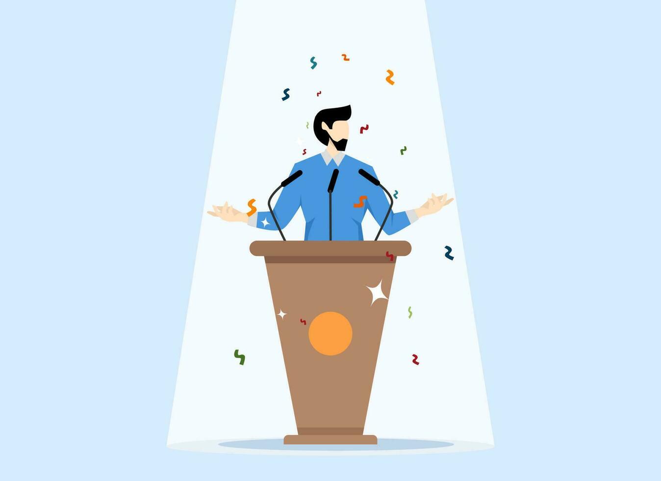 Public speaking skills, hand gestures, voice and expression to win audience concept, confidence, charisma, confident businessman speaking in front of stage with podium, microphone, spotlights. vector