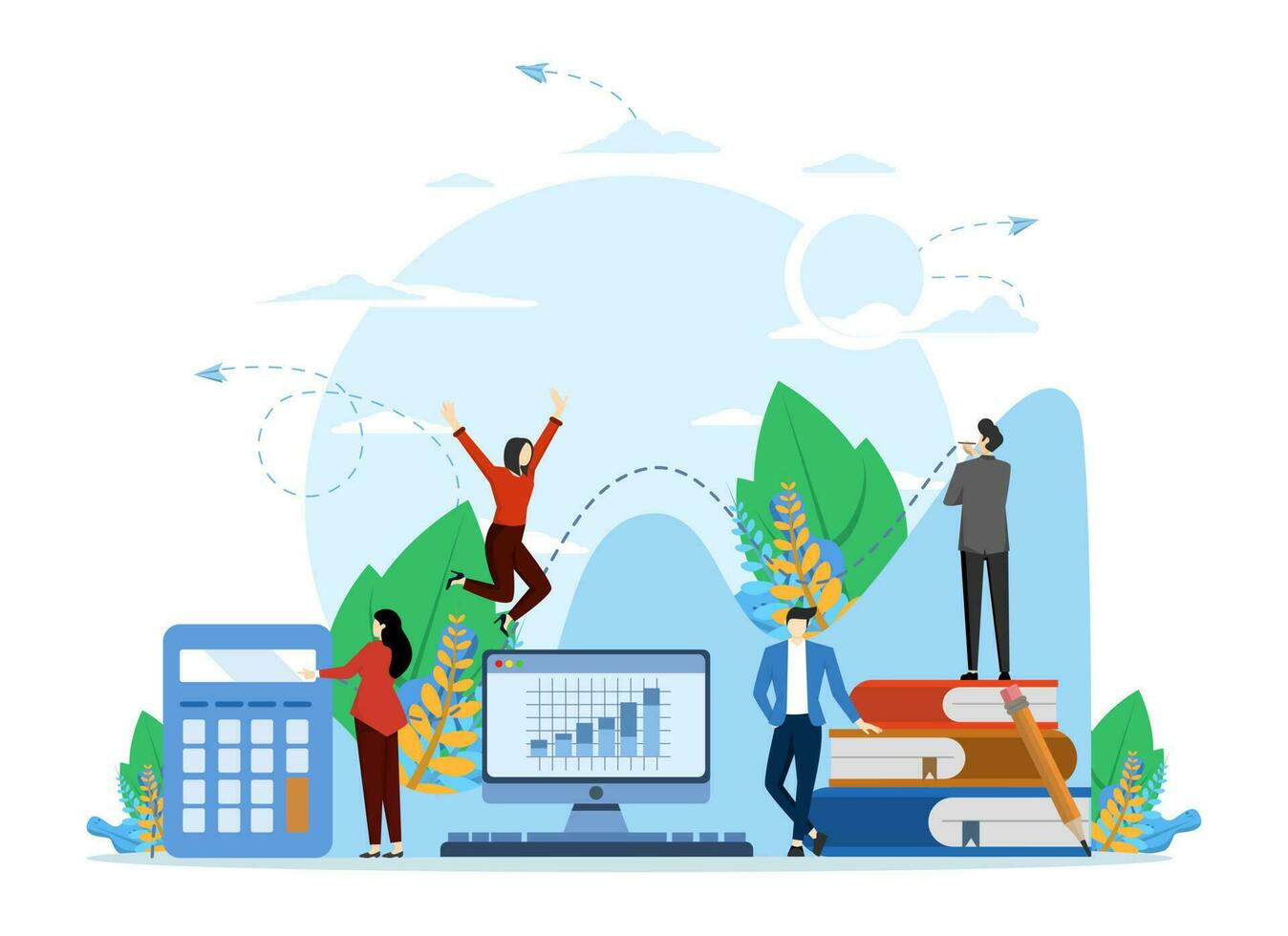 business promotion, take-off on career ladder, data analysis and investment infographic overview, business people team doing analysis or study graph. Vector flat illustration.