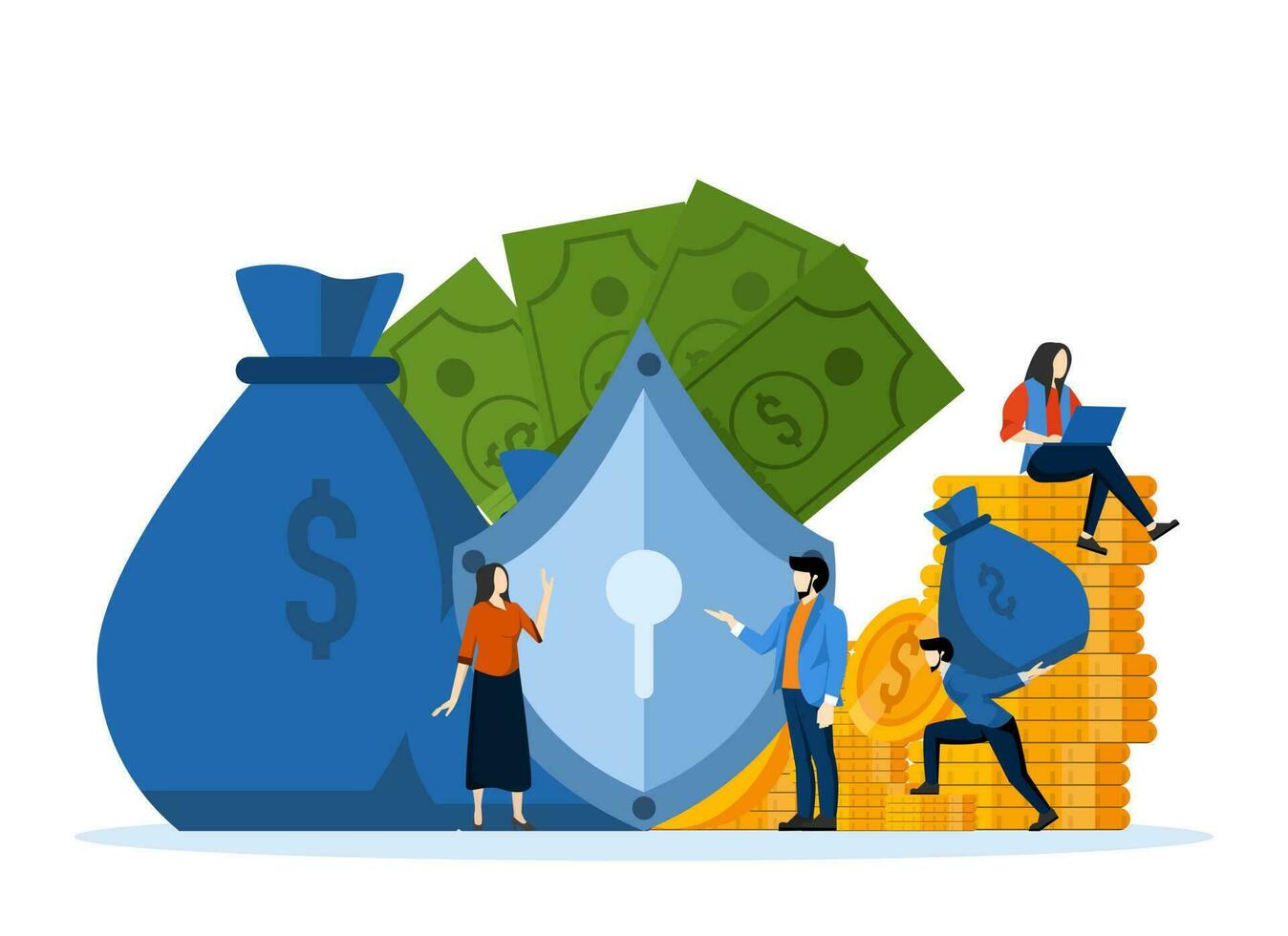 Vector flat illustration, money protection concept, financial savings insurance, safe business economy. Flat style modern design vector illustration for web page, card, poster