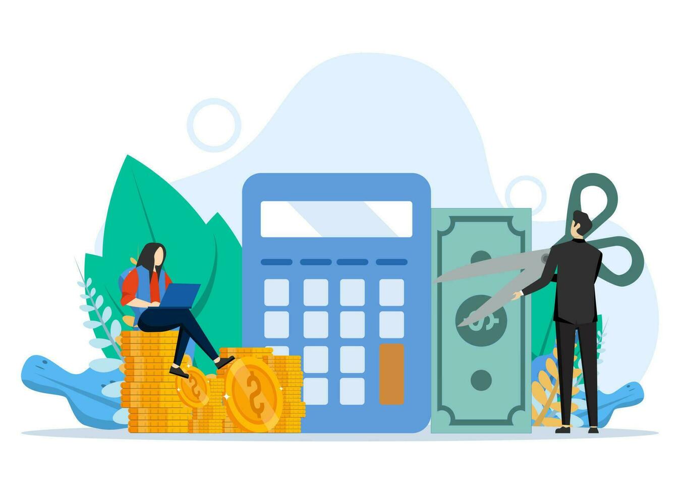 Tax Deduction Concept, Showing Businessman Holding Big Scissors, optimization, customs, financial accounting. Perfect for landing pages, UI, web, editorial, flyers and banners, Vector Illustration.