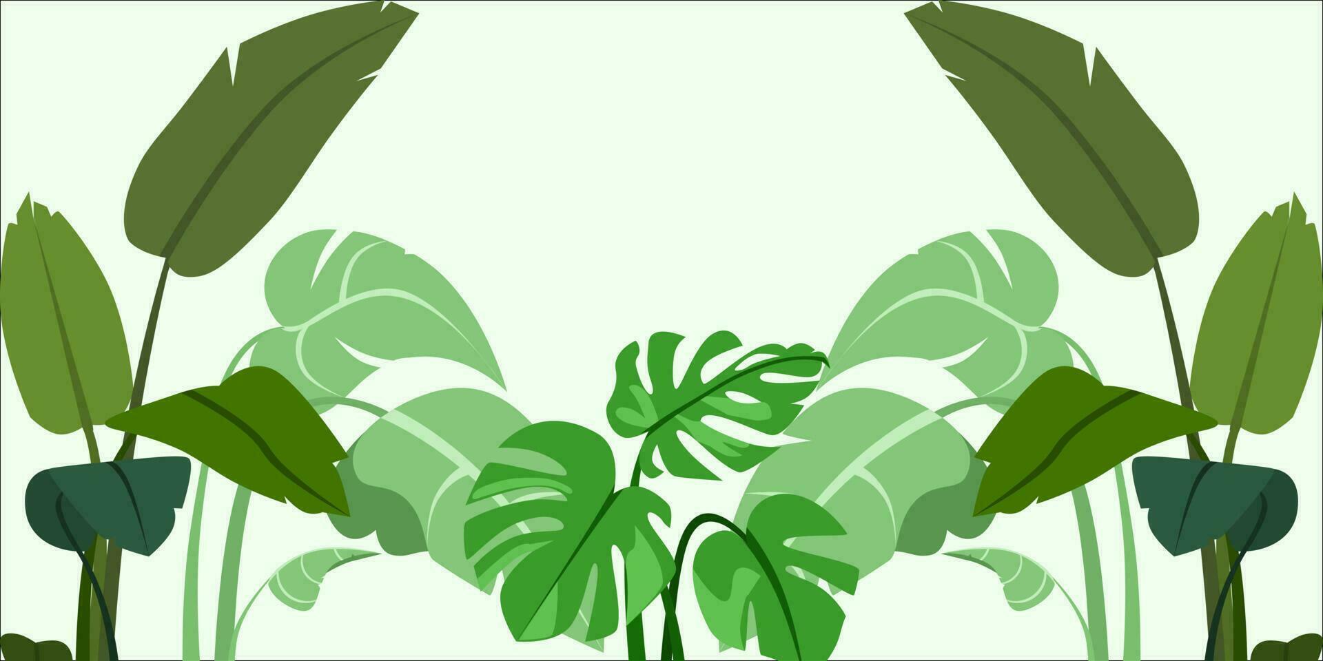 Foliage and botanical background. Green tropical forest wallpaper of monstera leaves, palm fronds, branches with hand drawn pattern. Exotic plant background for banners, prints, decorations, wall art. vector