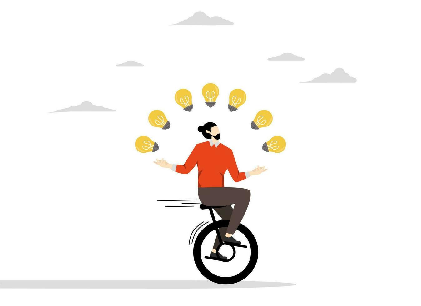 innovation or skills for success in business, Creativity and ideas, skilled businessman riding a tricycle juggling light bulbs metaphor many ideas. flat vector illustration on a white background.