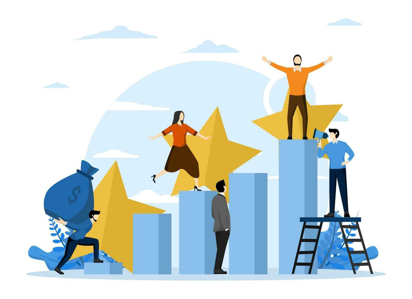 Business concept vector illustration, little people climbing corporate ladder, path to achieve target, preparing to launch business project. career for success, career growth concept, career planning.