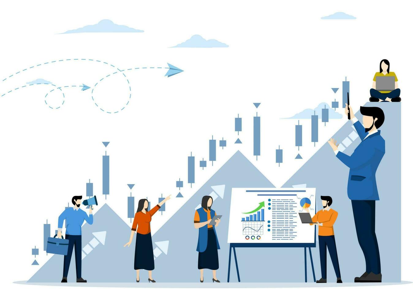 business team building growth chart and setting up big profits. stock market candlestick chart, rising motivation, way to achieve goals, flat vector illustration on a white background.