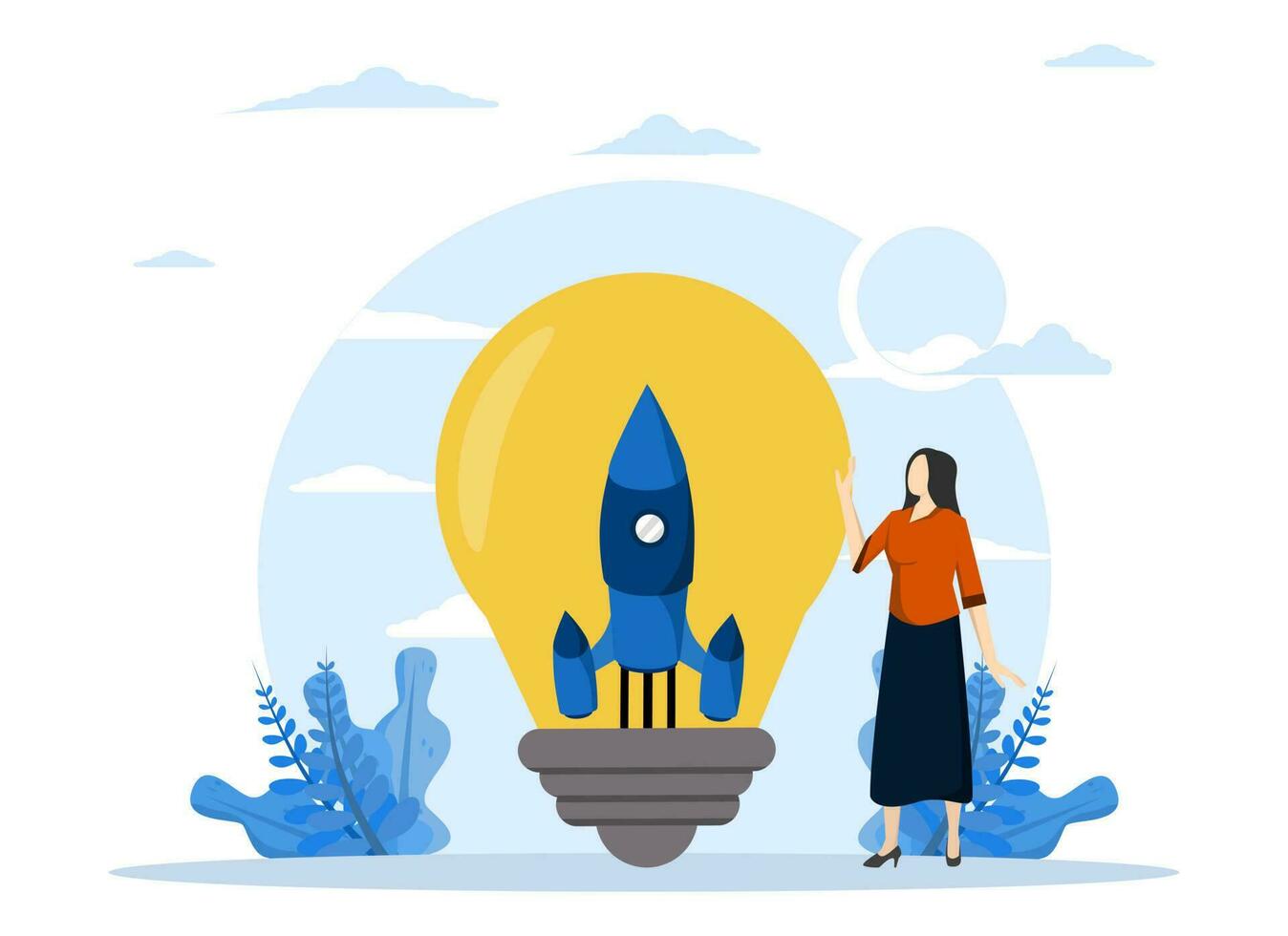 Entrepreneurship, motivation to create a new business idea and make it successful, setting up a new business, businesswoman starting an idea with an innovative rocket inside the light bulb idea. vector