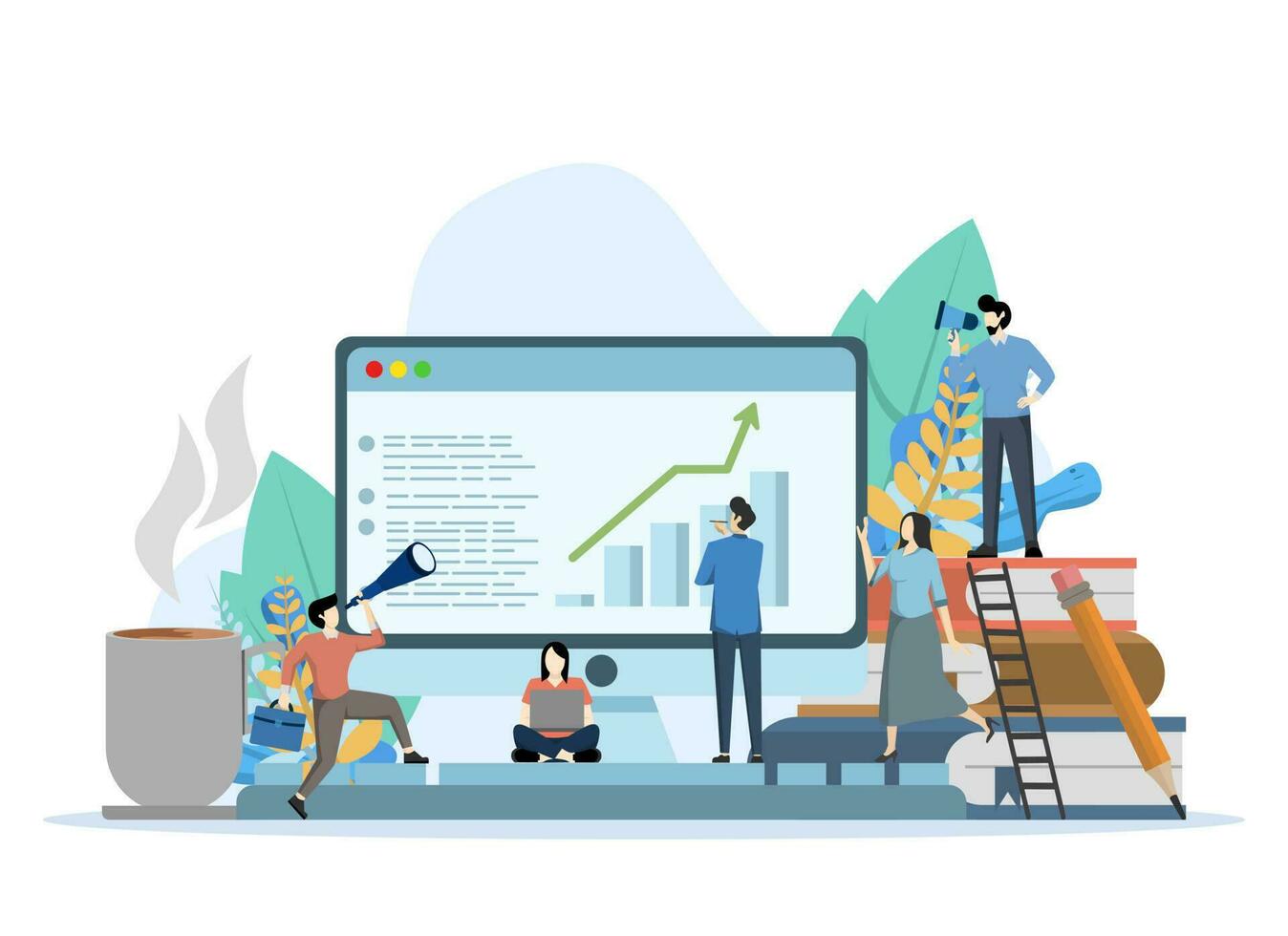 success concept, achieving goals, business vector illustration, employee studying infographics, analyzing evolutionary scale, online training vector. Modern vector flat illustration.