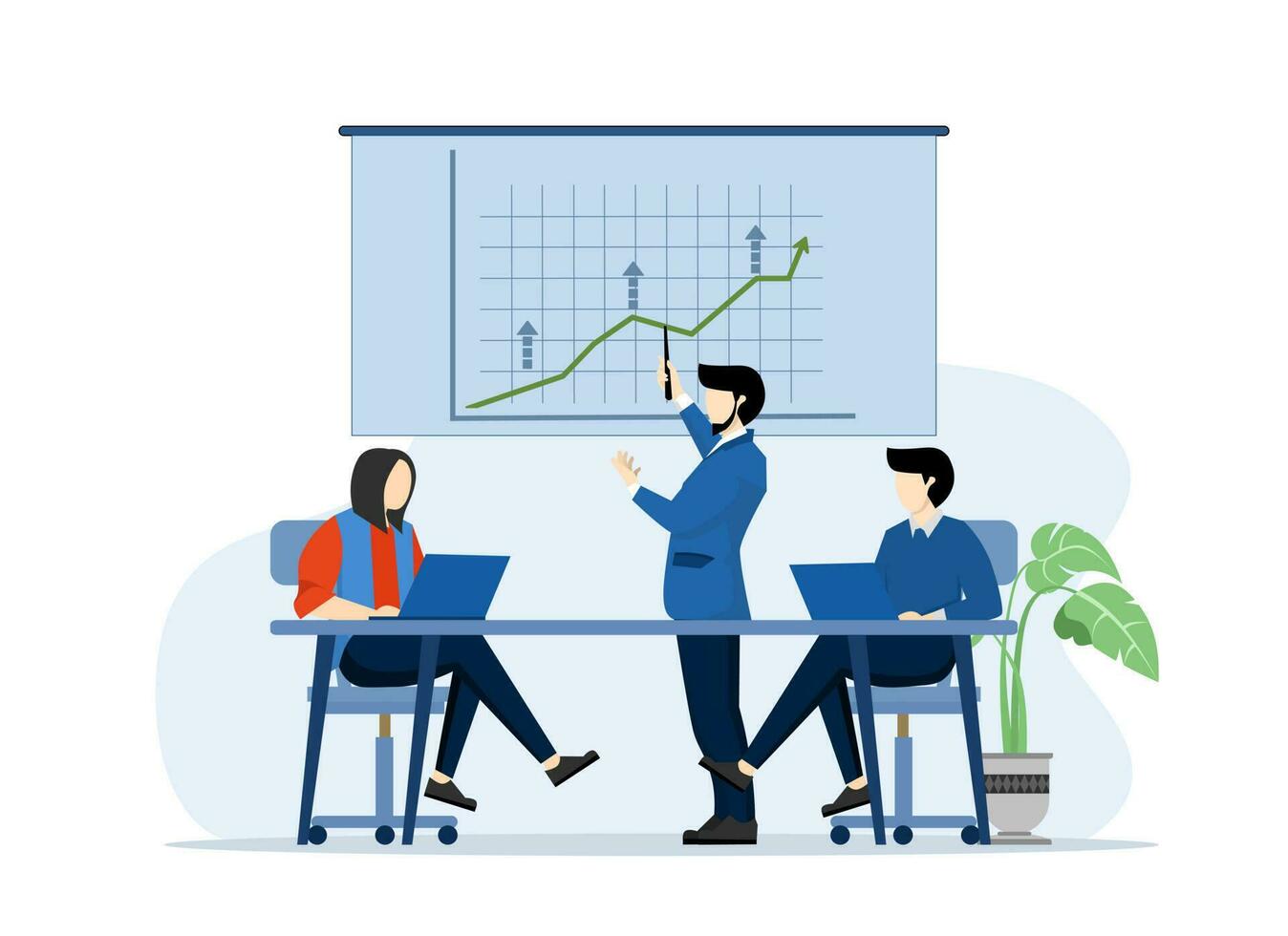 Office staff training. Increase sales and skills. Team thinking and brainstorming. Analyze sales charts and present them. Company information vector analysis, flat vector illustration.