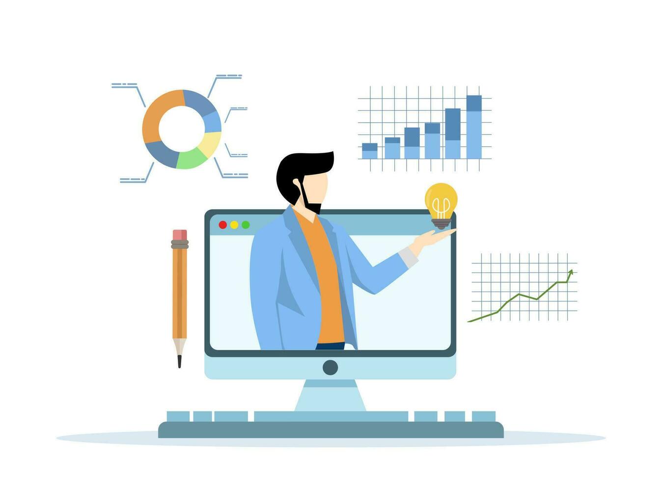 Business consultant, strategy and analysis concept, online presentation or conference call, advisor or expertise, smart businessman from computer laptop monitor giving some advice with analysis chart. vector