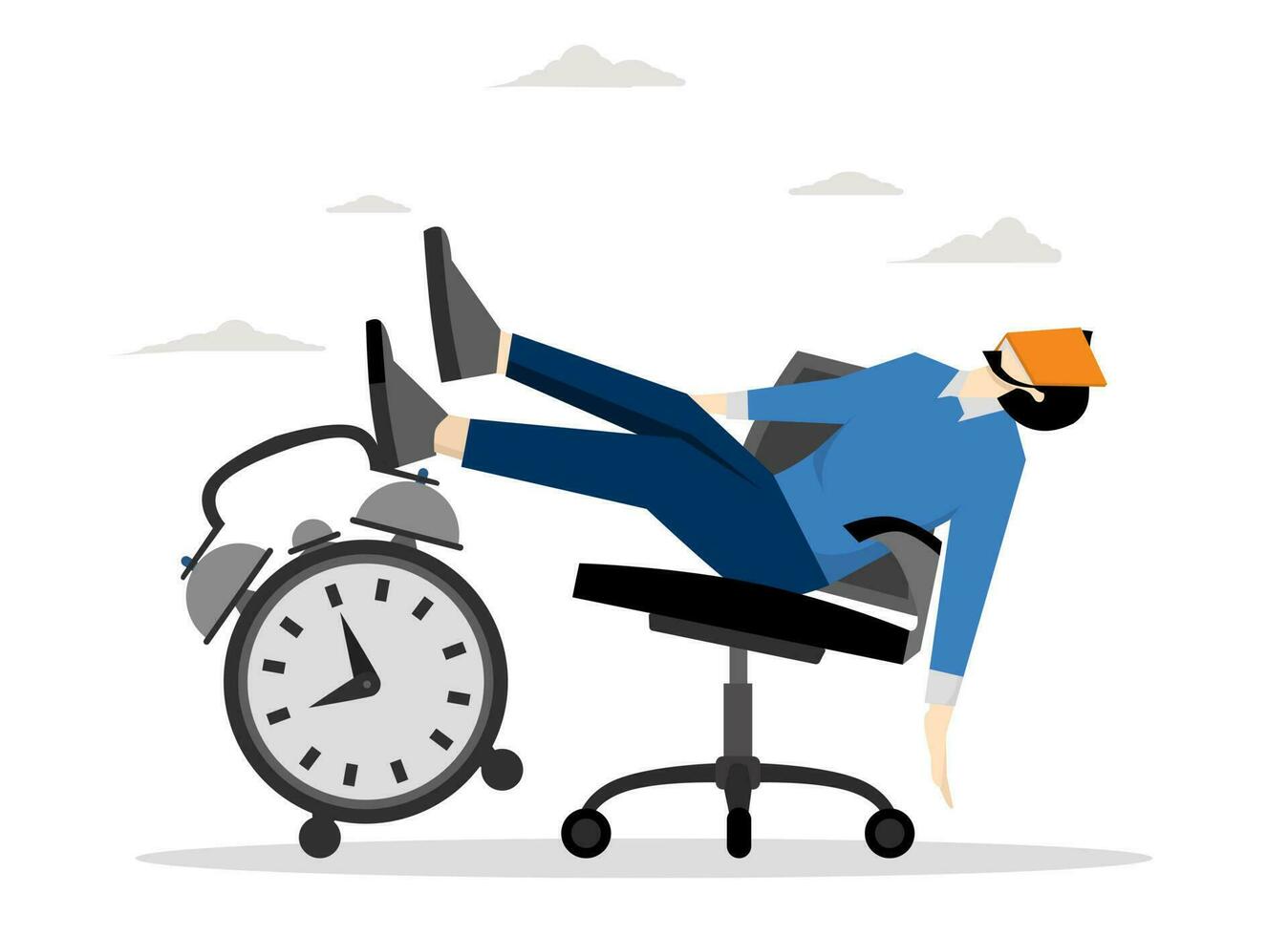 Night slump, boredom and sleepy work concept, laziness and delay of work to be done later, sleeping businessman lying on office chair and alarm clock covering his face with book. vector