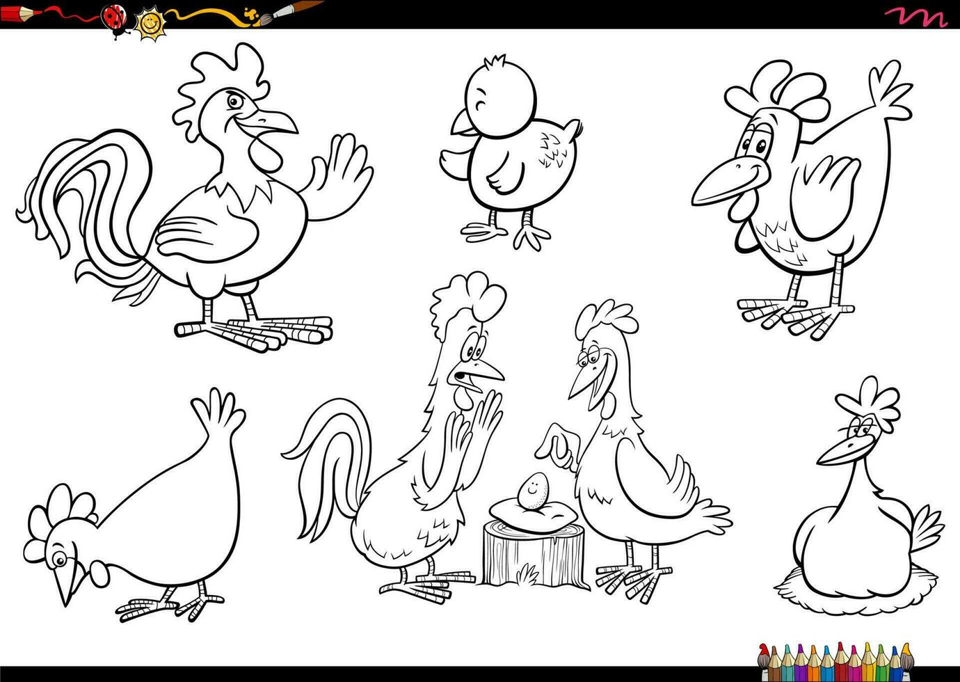 cartoon chickens farm animal characters set coloring page vector