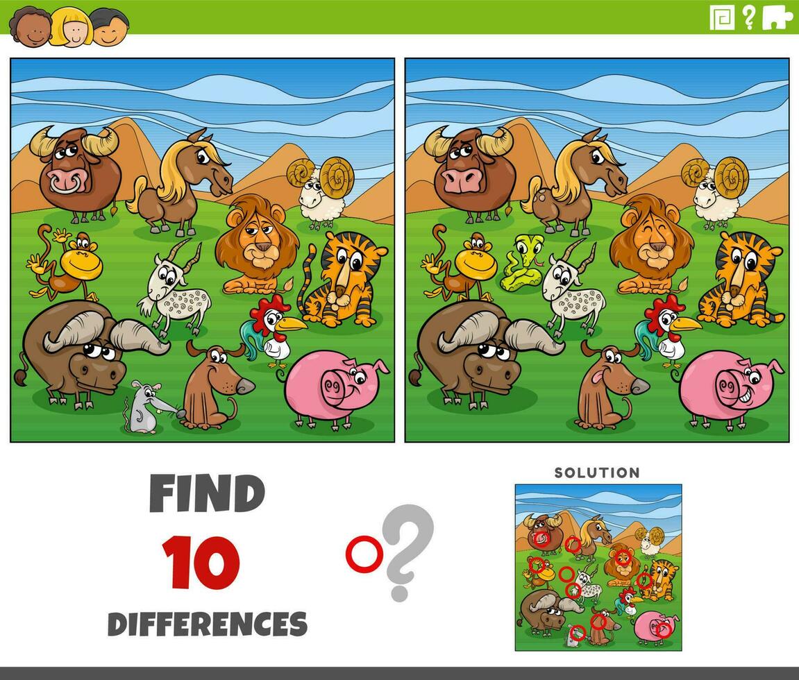 differences game with comic animal characters group vector