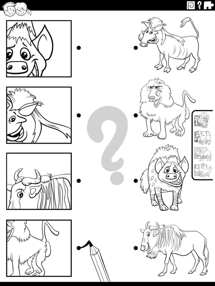 match cartoon animals and clippings game coloring page vector