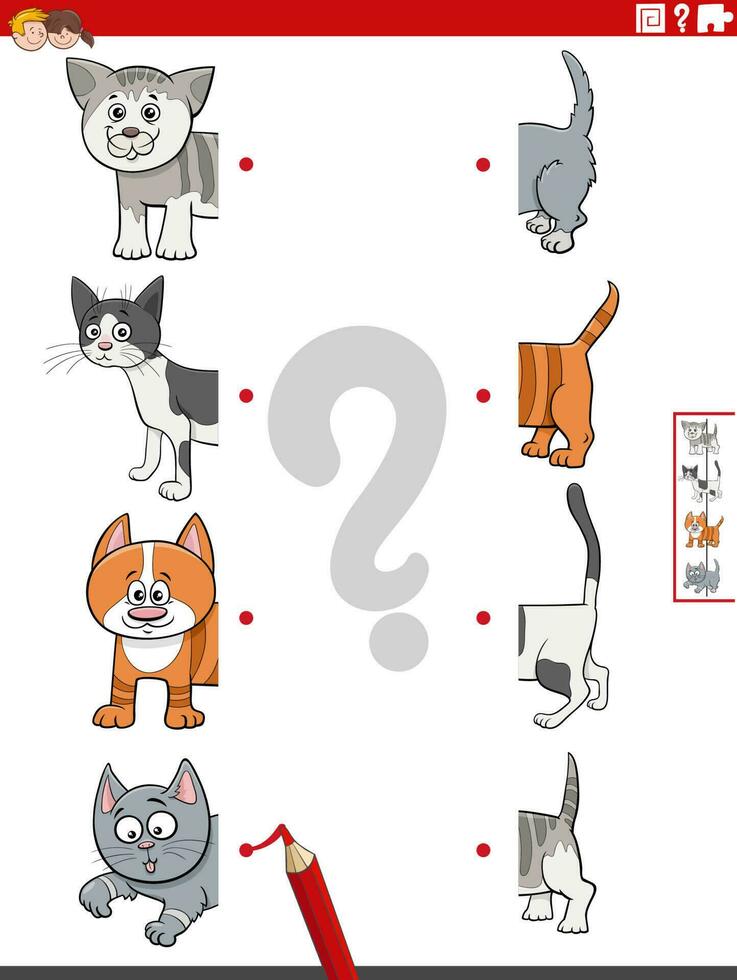 match halves of pictures with cats educational game vector