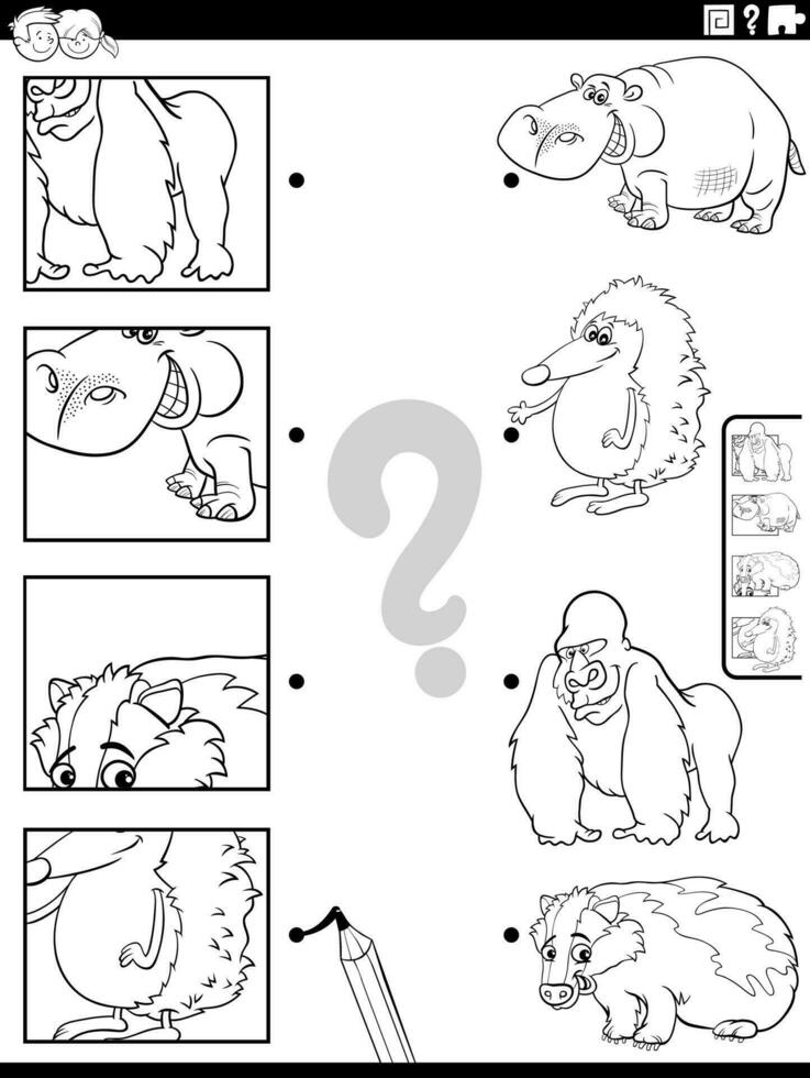 match cartoon wild animals and clippings game coloring page vector