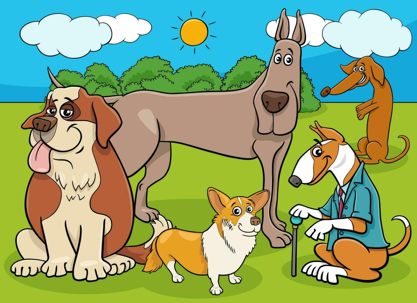 dibujos animados de perros y cachorros de raza pura grupo de personajes de cómic vector