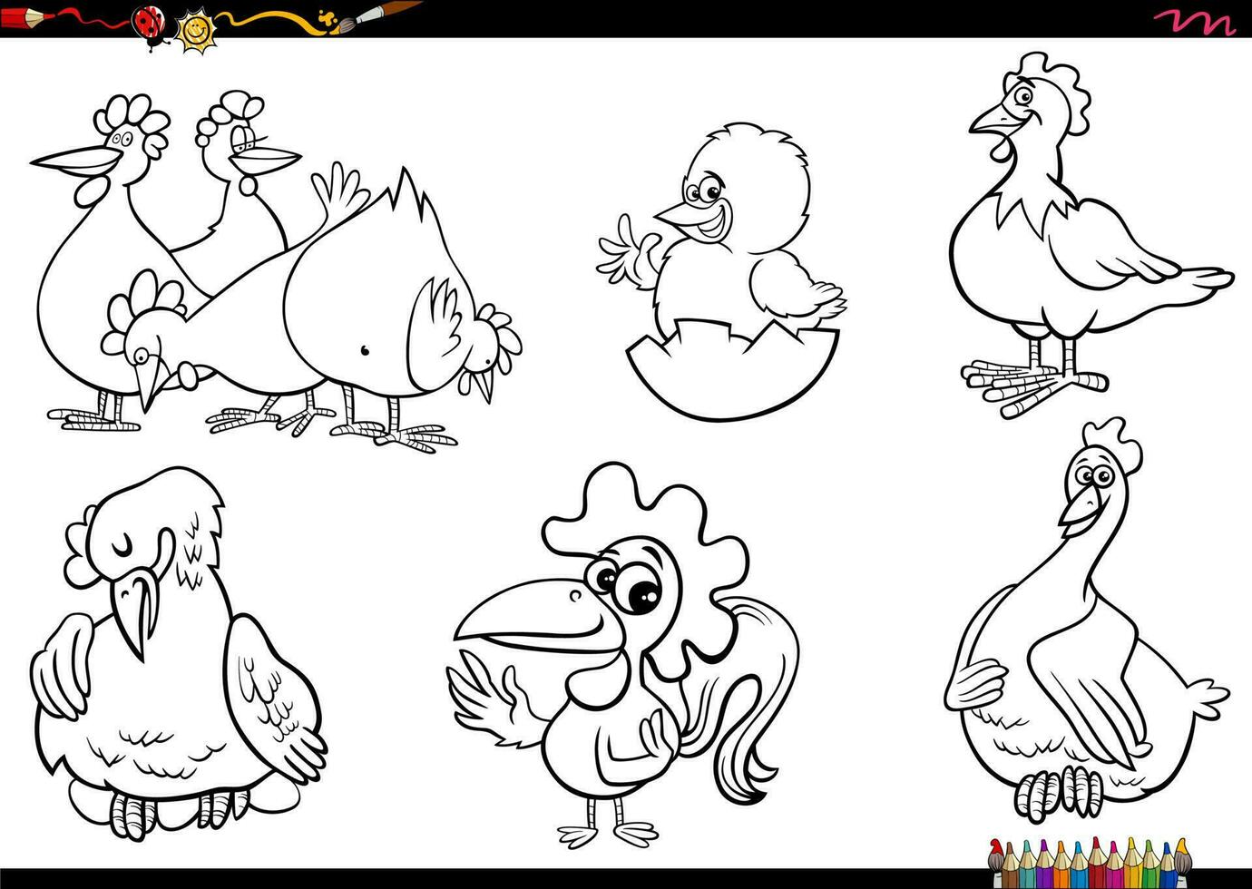 cartoon chickens farm animal characters set coloring page vector