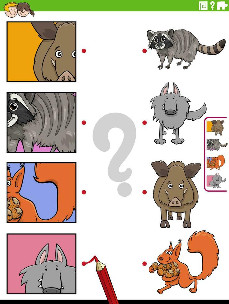 partido dibujos animados animales y recortes educativo juego vector