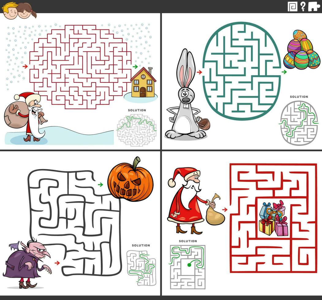 maze activity games set with funny cartoon characters vector